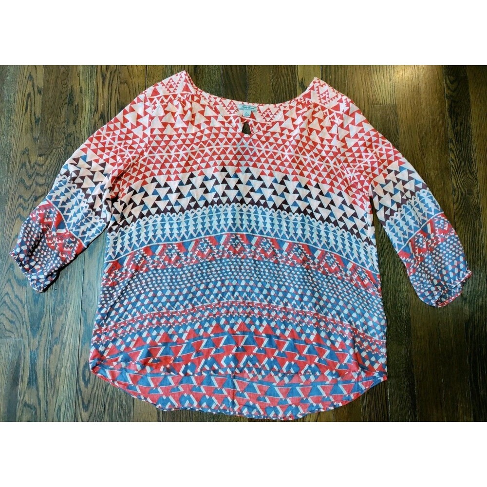 Lucky Brand 100% Rayon Boho Peasant Blouse Women's Large Geometric Pattern Relax